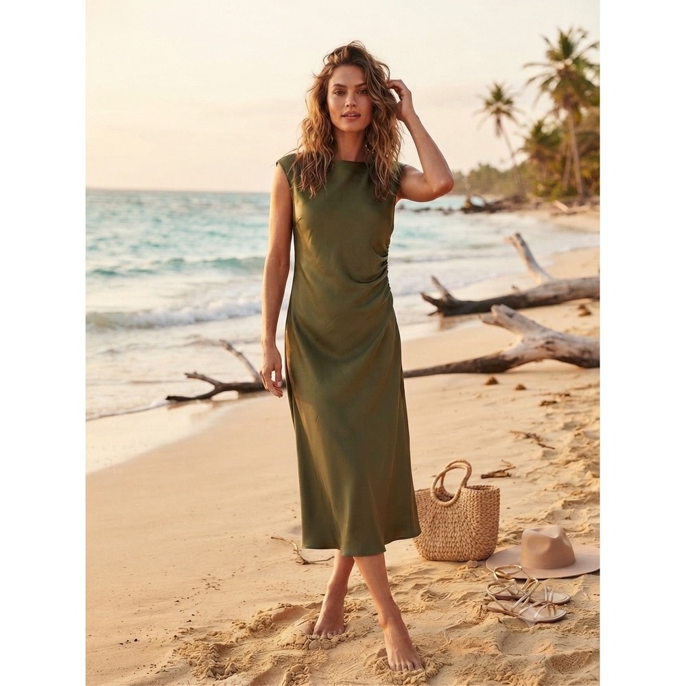 Banana Republic Olive Green Satin style Ruched Midi Dress 4 Petite NWT‎